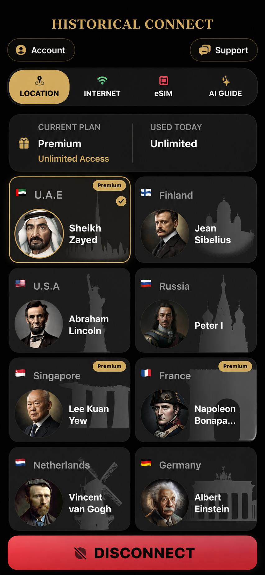 Historical Connect Location screen showing secure global connection options