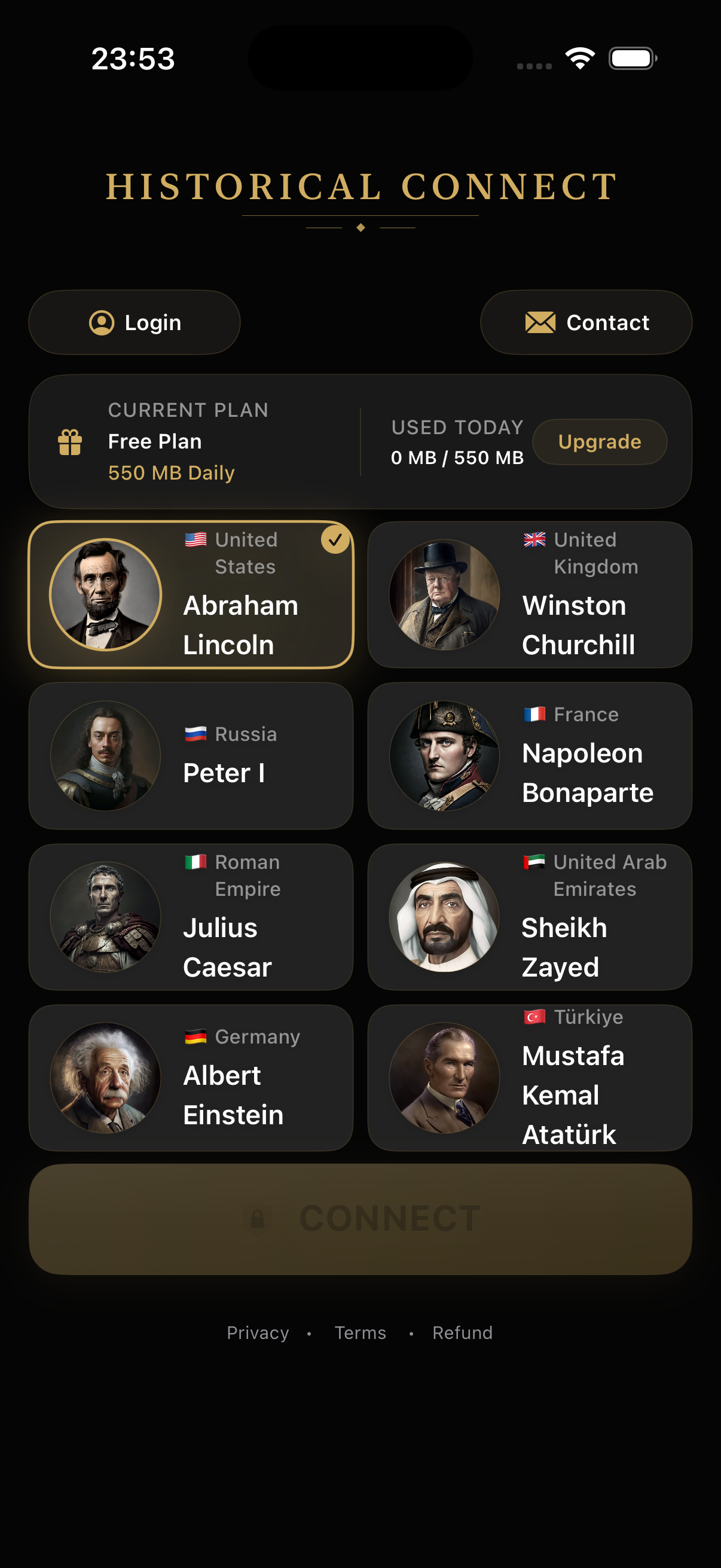 Historical Connect app home screen